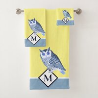 Blue Owl Blue and Yellow Monogram name Bath Towel Set
