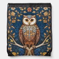 Owl on a branch blue autumn background art nouveau drawstring bag