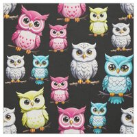 Colorful Owl Birds Black Background Pattern  Fabric