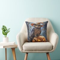 A mysterious, charming owl wearing an orange hat s throw pillow