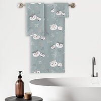 Cute Mom and Son Owl Pattern Blue-Gray Bath Towel Set