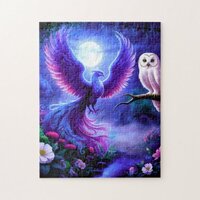 Majestic Phoenix in Midnight Garden with Owl Jigsaw Puzzle