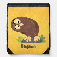 Cute curious funny brown owl cartoon illustration drawstring bag