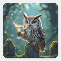 Owl Holding a Cocktail In a Mystical Forest Square Sticker