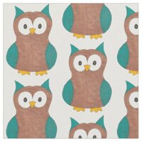 Blue Brown Wise Old Owl Bird Animal Print Fabric