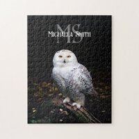Majestic winter snowy owl monogram custom name jigsaw puzzle