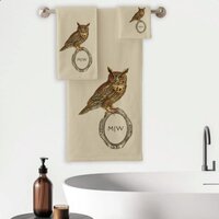 Vintage Horned Owl Monogram Beige Bath Towel Set