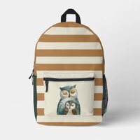 Watercolor Mama Owl& Owlet Brown Stripe Pattern Printed Backpack