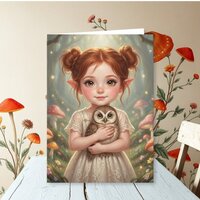 Redhead Fairy and Owl Girl's Cottagecore Birthday Card