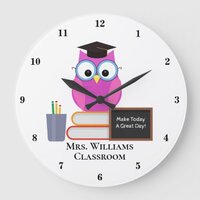 Cute Custom Classroom Pink Owl Teacher Monogram Large Clock