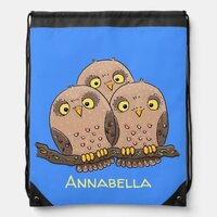 Cute baby owl trio cartoon illustration drawstring bag