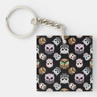 Cute Owl Illustrations over Black Background Keychain