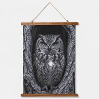 Owl in a Tree Hollow Black and White Hanging Tapestry