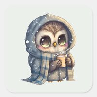 Cute Big-Eyed Owl Holding a Coffee Square Sticker