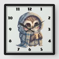 Cute Big-Eyed Owl Holding a Coffee Square Wall Clock