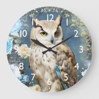 Owl and Blue Roses Large Clock