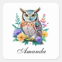 Watercolor Owl and Colorful Flowers Square Sticker