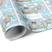 Blue and Gray Baby Owl | Shower Theme Wrapping Paper