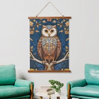 Owl on a branch blue autumn background art nouveau hanging tapestry