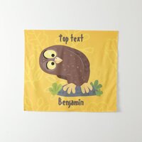 Cute curious funny brown owl cartoon illustration  tapestry