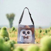 Cute white fluffy owl with a cowboy hat crossbody bag