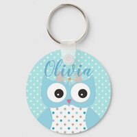 Cute Dotty Blue Owl Art Personalised Keychain