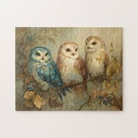 Three Whimsical Owls on a Branch Jigsaw Puzzle