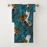 Owls, ferns, oak and berries 3 bath towel set