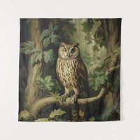 Vintage Style Owl in Enchanted Forest Tapestry