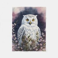 White Owl Floral Night Art Fleece Blanket