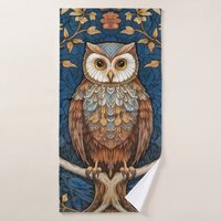 Owl on a branch blue autumn background art nouveau bath towel