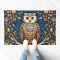 Owl on a branch blue autumn background art nouveau doormat