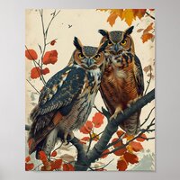 Vintage Portrait of two Owls Poster