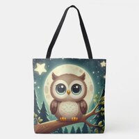 Cute baby owl at night with moon tote bag