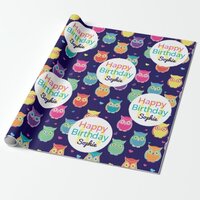 Girls Happy Birthday Blue Owl Pattern Personalized Wrapping Paper