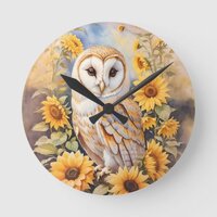 Beautiful Barn Owl And Sunflowers Round Clock
