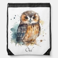 Cute owl in watercolor drawstring bag