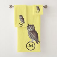 Rustic Watercolor Owl Monogram Name Gray Bath Towel Set