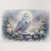 Snowy Owl in Moonlit Winter Garden Jigsaw Puzzle
