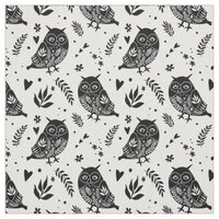 Rustic Folk Art Black and White Owl Print Fabric