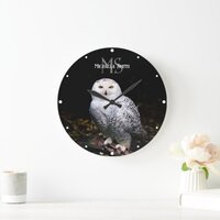 Majestic winter snowy owl monogram custom name large clock