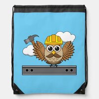 Cute Construction Worker Owl with Hard Hat Cartoon Drawstring Bag