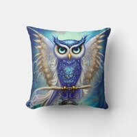 Blue Steampunk Owl Throw Pillow