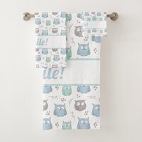 Whimsical Blue Green Owls and Flowers Pattern Bath Towel Set