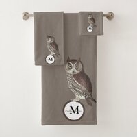 Rustic Watercolor Owl Monogram Name Brown/Gray Bath Towel Set