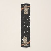 Two Pretty Owls Wearing Necklaces Stars on Black Scarf