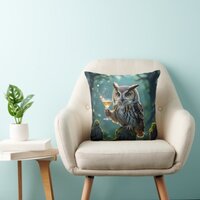 Owl Holding a Cocktail In a Mystical Forest Throw Pillow