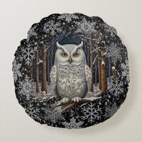 Elegant Christmas white owl woodland winter forest Round Pillow
