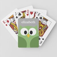 Cute Cartoon Owl - Green and Gray Custom Name Playing Cards
