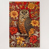 Striped Owl And Zinnia Flowers Jigsaw Puzzle
